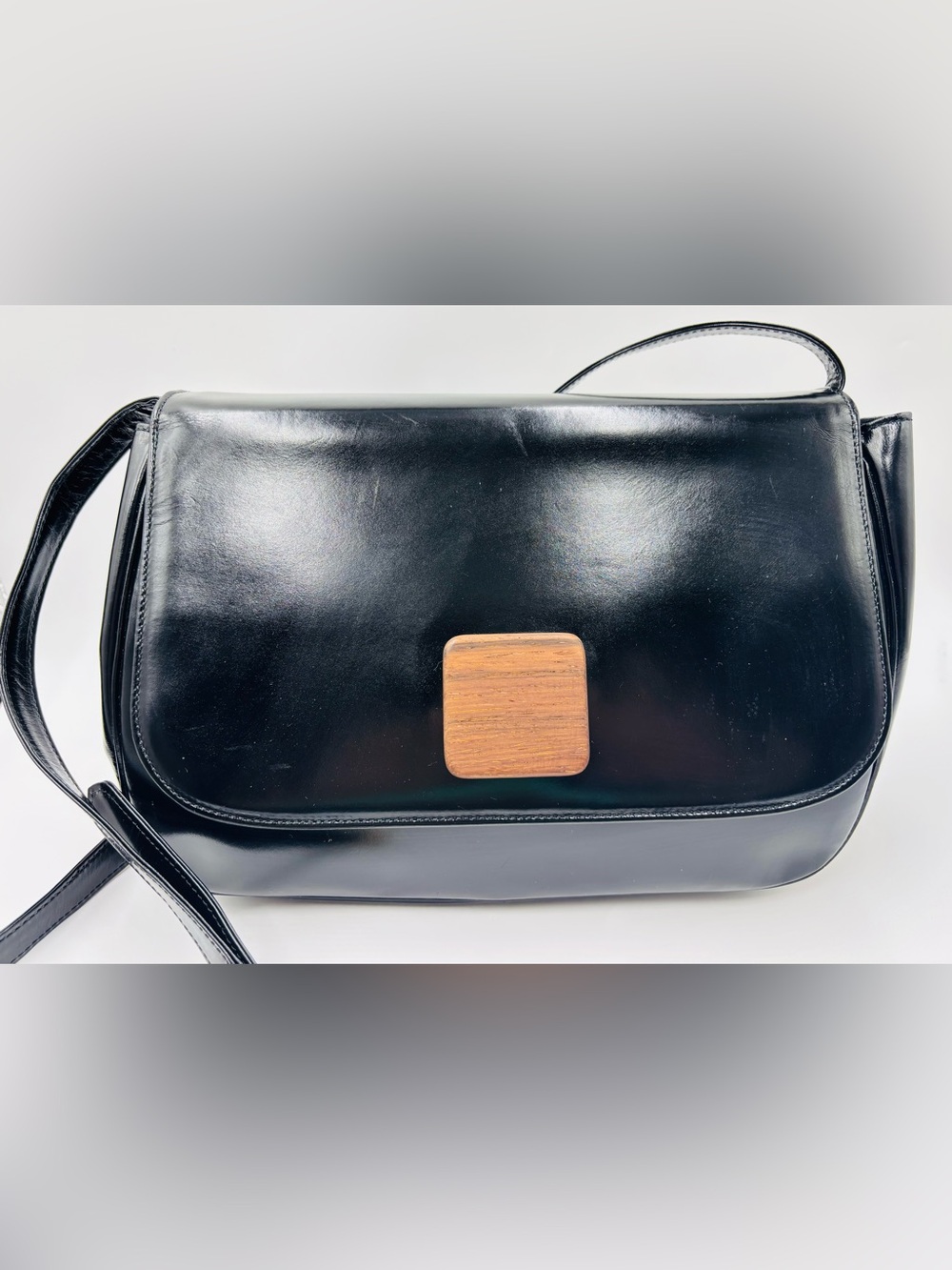 Yves Saint Laurent Black Leather Crossbody with Wood Accent